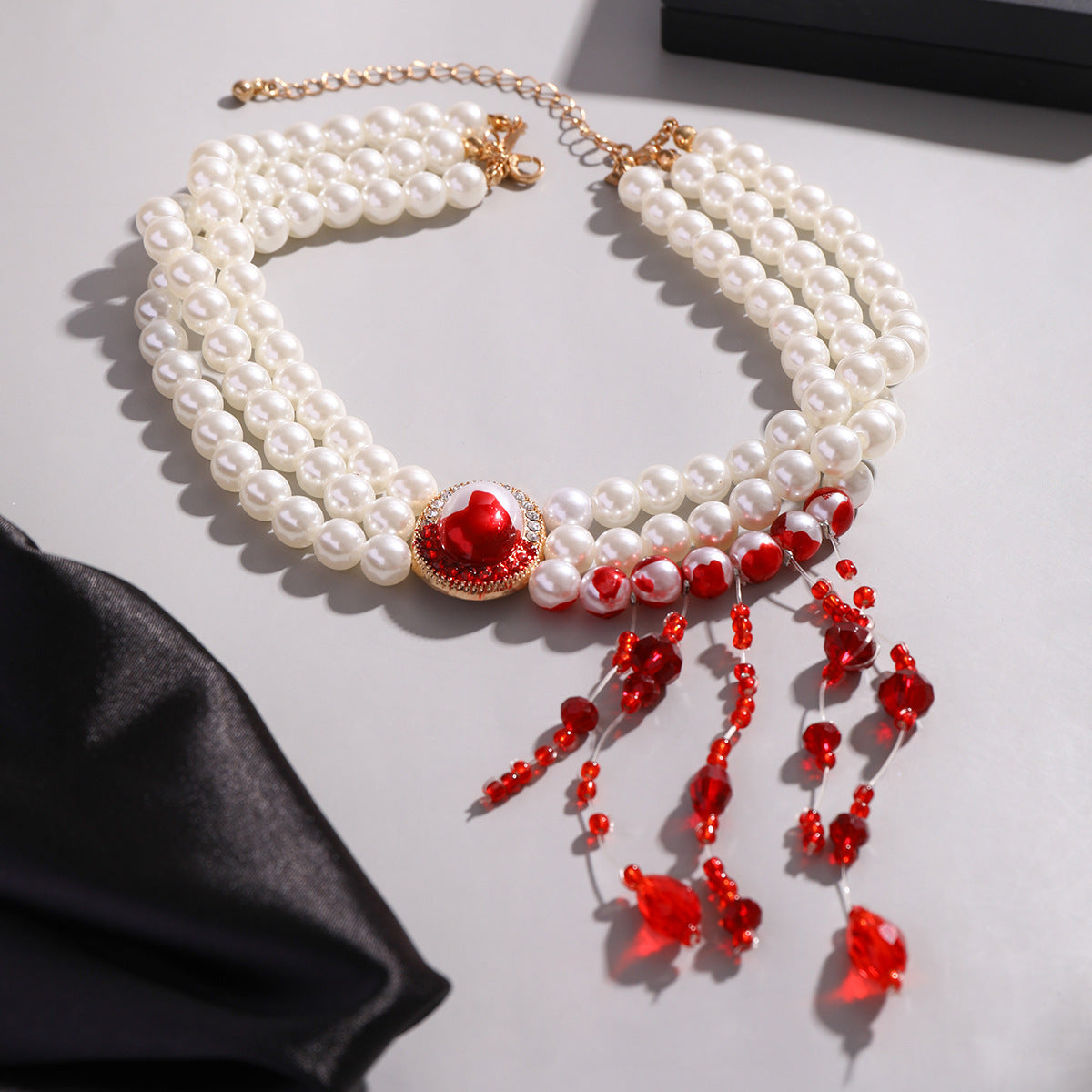 Sweet Punk Geometric Crystal Pendant Pearl Choker Necklace for Women