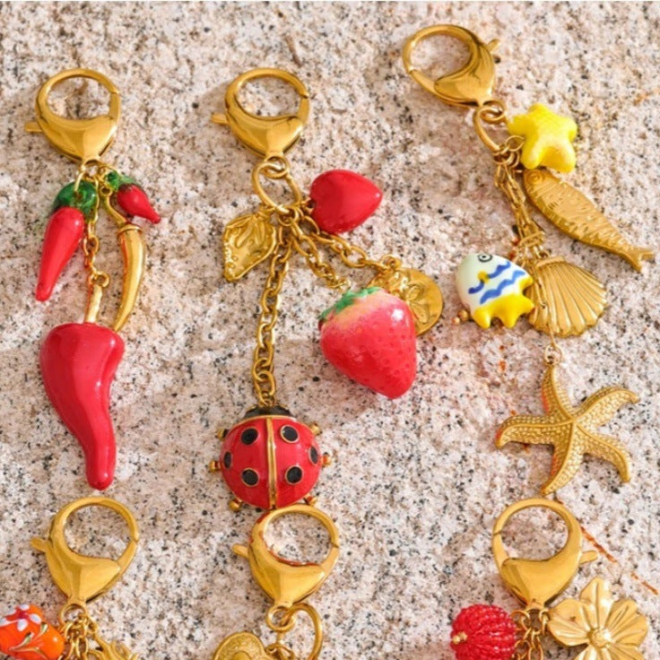 Colorful Heart Strawberry Fruit Metal Plated Keychain Bag Charm