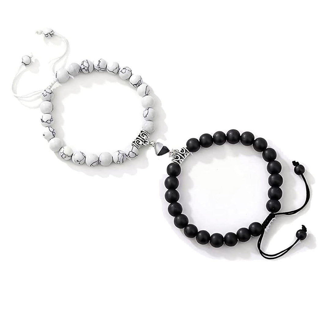 Matte Alloy Heart Bracelet with Turquoise Crystal Inlay Unisex Magnetic Couple Set