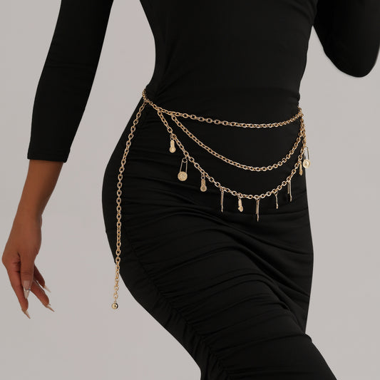 Catena in vita da donna in stile punk con testa di leone, catena per il corpo in metallo a più strati con chiusura a moschettone, regolabile, 105 cm