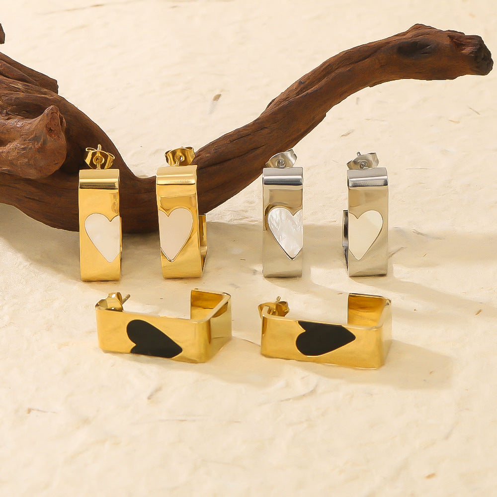 Minimalist Rectangular Stainless Steel Earrings with 18K Gold Plating and Mother-of-Pearl Inlay Heart Accent