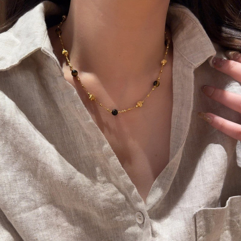 Collana con Ciondolo Vintage a Occhio di Tigre Geometrico Placcata Oro 18K Lunga per Maglione da Donna