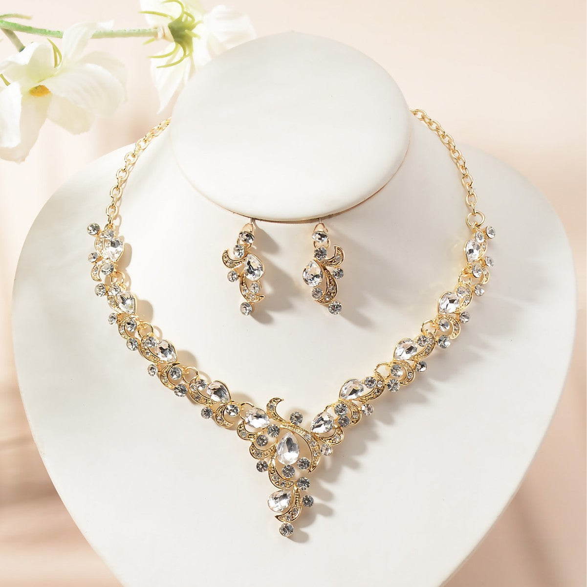 Elegant Rhinestone Floral Plated Necklace and Earrings Set for Women
