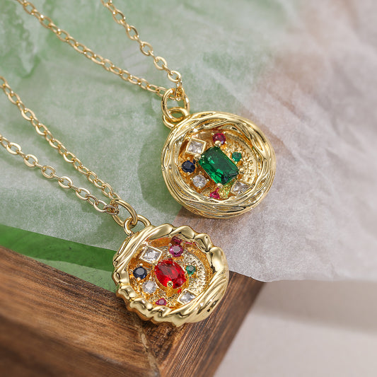 Vintage Minimalist Geometric Brass 18K Gold Plated Cubic Zirconia Inlay Pendant Necklace for Women