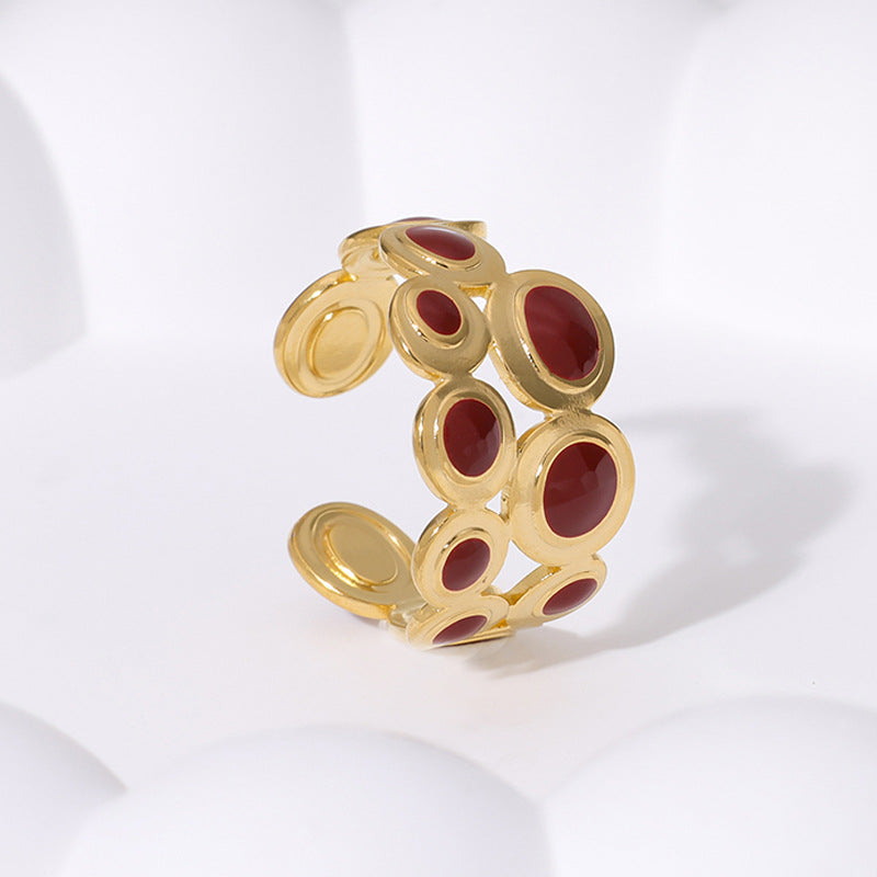 Anello aperto geometrico vintage in acciaio al titanio placcato oro 18 carati con vuoto, di lusso, da donna