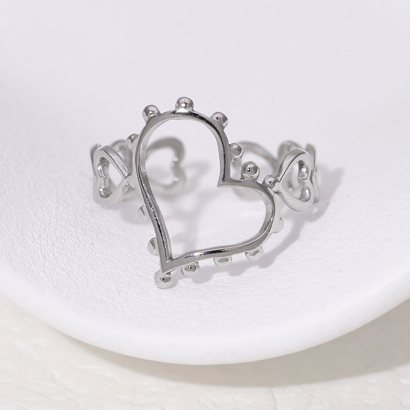 Minimalist Heart-Shaped Stainless Steel Ring with Hollow-Out Design and 18K Gold Plating for Women
