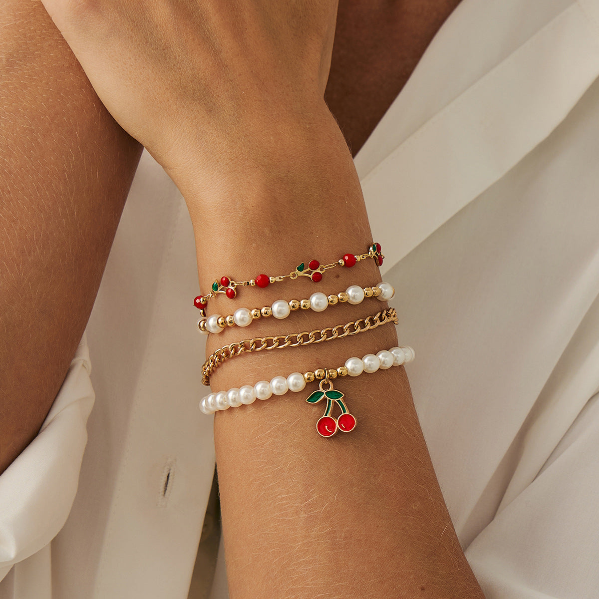 Juego de pulseras de abalorios rústicos minimalistas de cerezo con aleación de zinc y acabado esmaltado para mujer