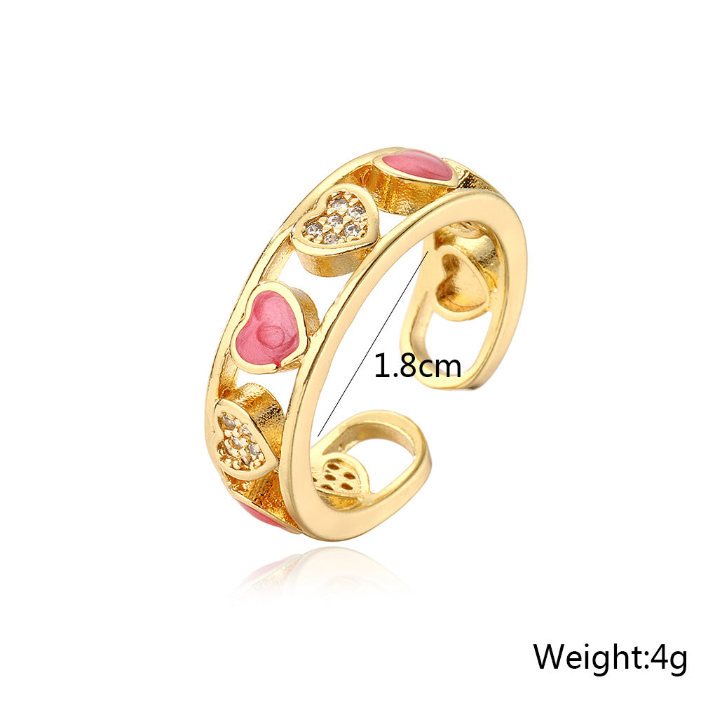 Anello geometrico minimalista in rame placcato oro 18K con intarsio a cuore in strass da donna