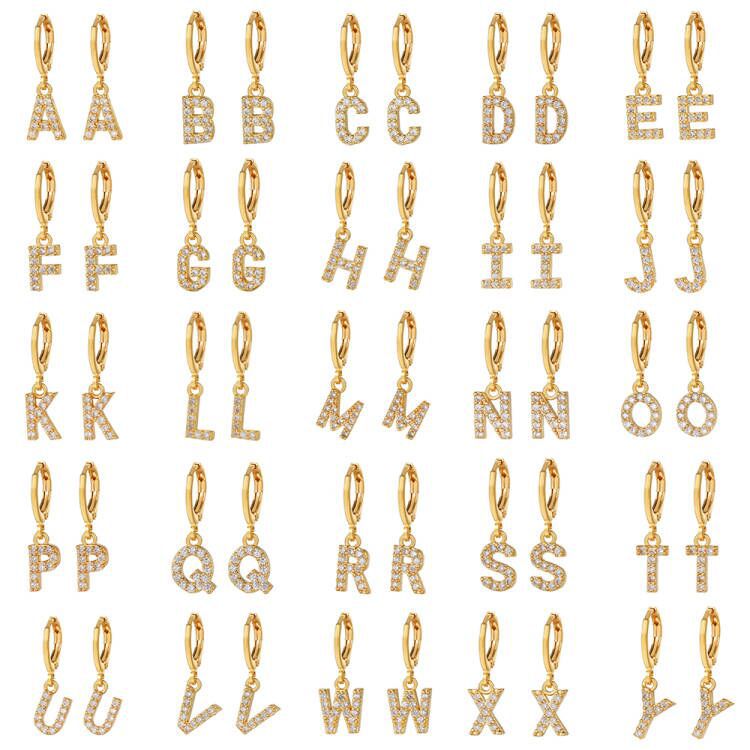 Minimalist Elegant Gold Plated Brass Micro-Inlaid Cubic Zirconia Letter Hoop Earrings for Women
