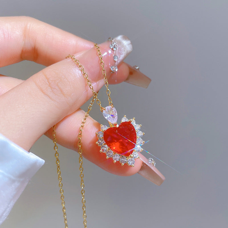Sweet Heart Geometric Titanium Steel Necklace with Cubic Zirconia Brass Pendant