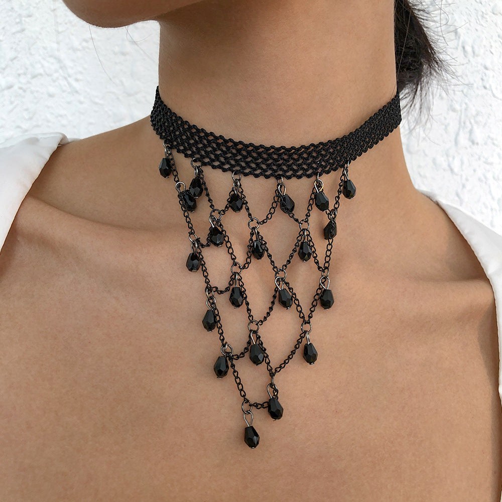 Sweet and Edgy Geometric Lace Choker Necklace for Women with Rhinestone Pumpkin and Skull Accents Halloween Themed