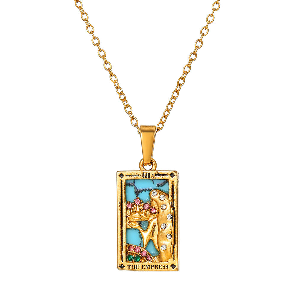 Vintage Casual Rectangle Drip Oil Cubic Zirconia Stainless Steel Necklace with Geometric Tarot Pendant Cable Chain Unisex