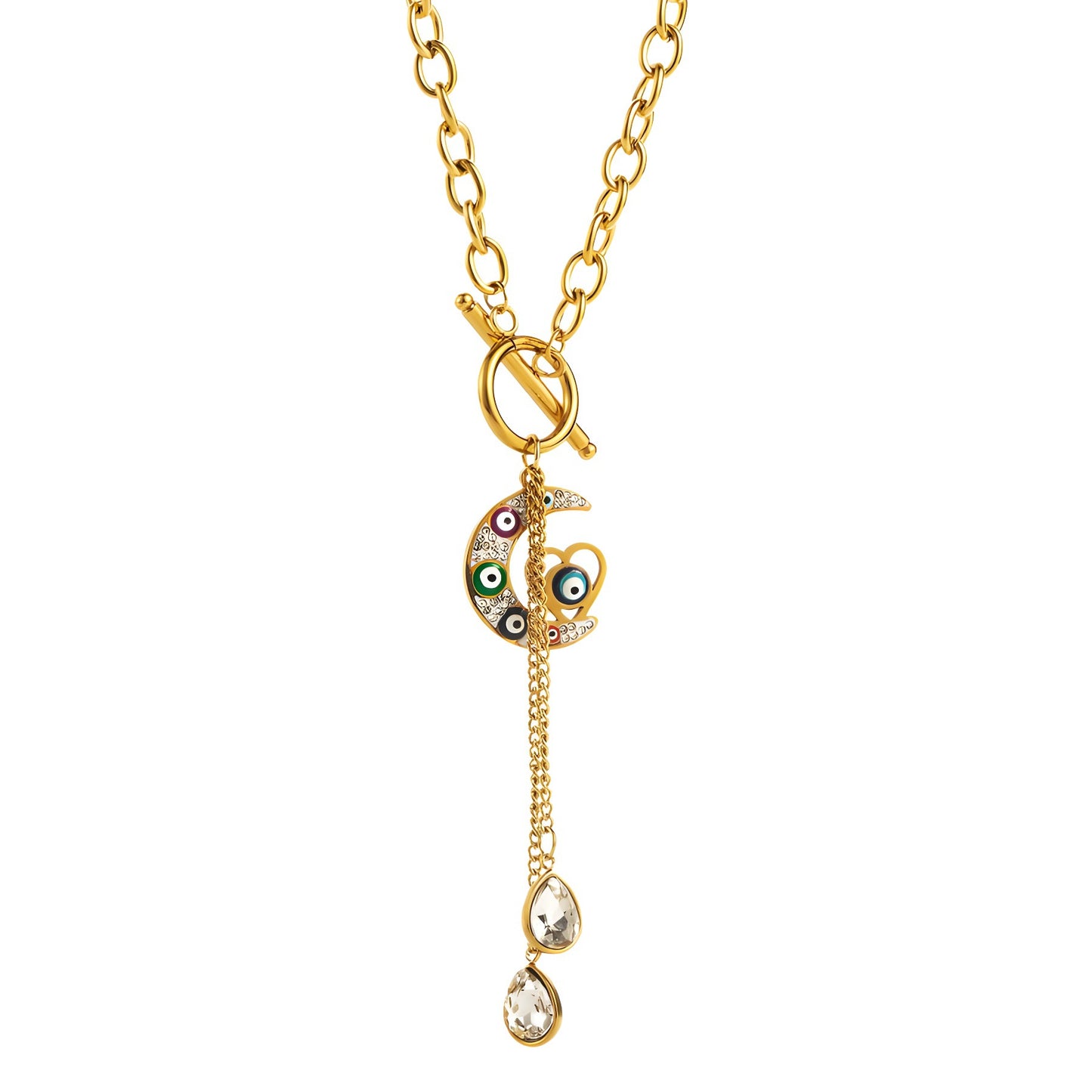 Collar con colgante de palma geométrico minimalista con detalle de ojo esmaltado azul, cadena con cierre de langosta de acero inoxidable chapado en titanio para mujer