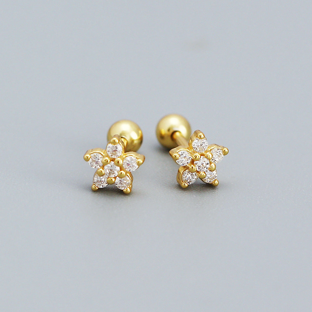 Pendientes de tuerca minimalistas de plata con diseño floral y circonita para mujer, pendientes de plata de ley 925 tipo ear cuff y piercing para cartílago