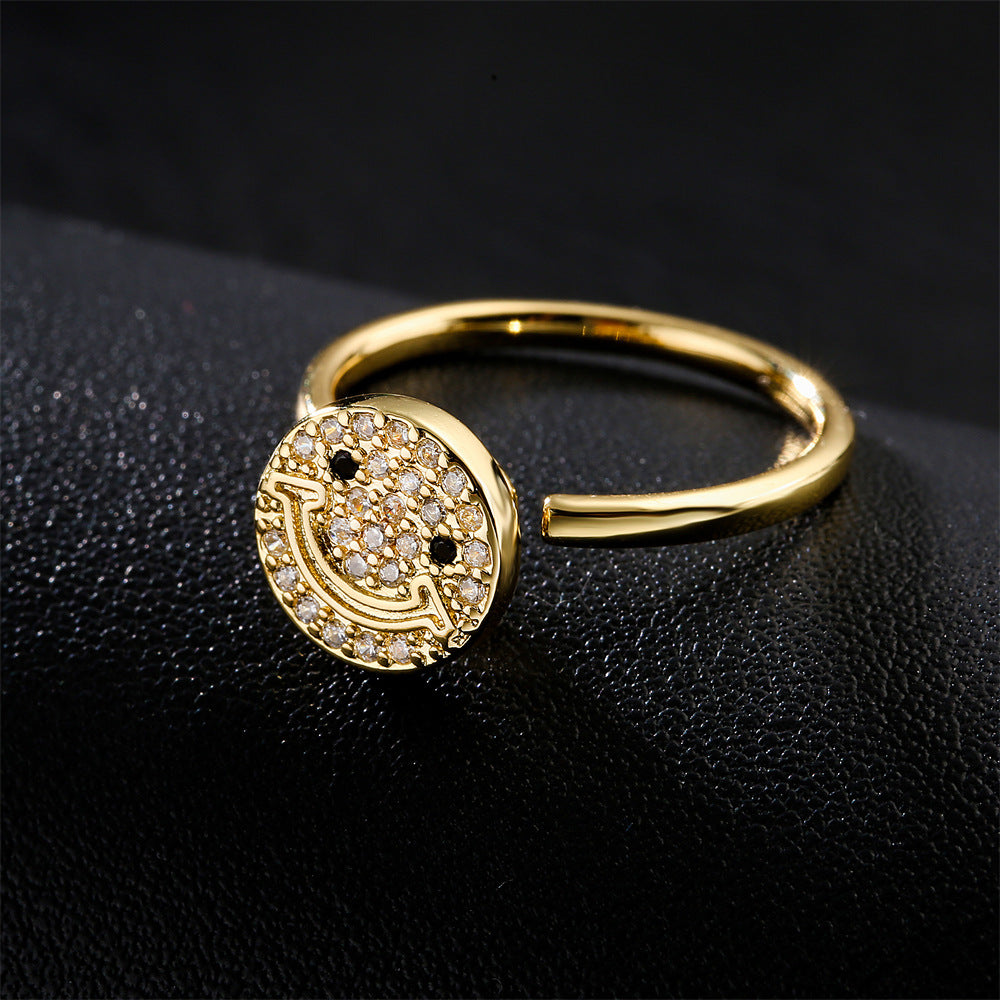 Rotatable Smiley Face Open Ring Geometric Brass Gold Plated Cubic Zirconia Inlay Women