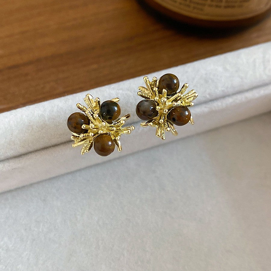 Orecchini a perno geometrici vintage in occhio di tigre, in acciaio placcato oro 18 carati da donna