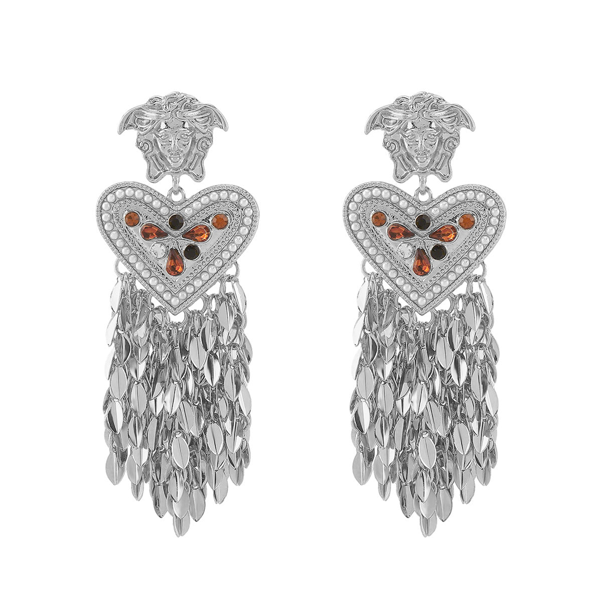 Pendientes colgantes vintage de Medusa con forma de corazón, borlas, acabado chapado en aleación e incrustaciones de pedrería y perlas simuladas