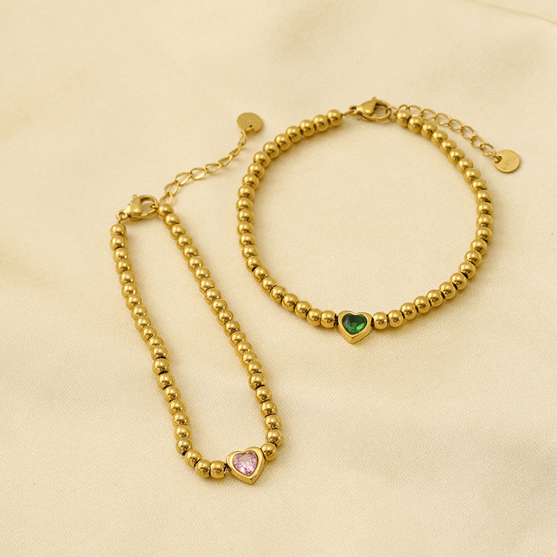 Pulsera de acero titanio con forma de corazón estilo INS para mujer con incrustaciones de pedrería y acabado chapado