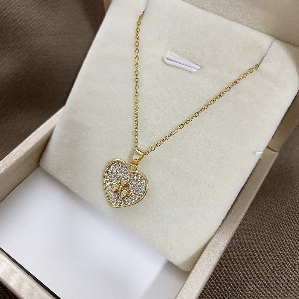 Minimalist Heart-Shaped Titanium Steel Pendant Necklace with Micro-Pavé Rhinestones for Women, Delicate Clavicle Chain with Plated Finish