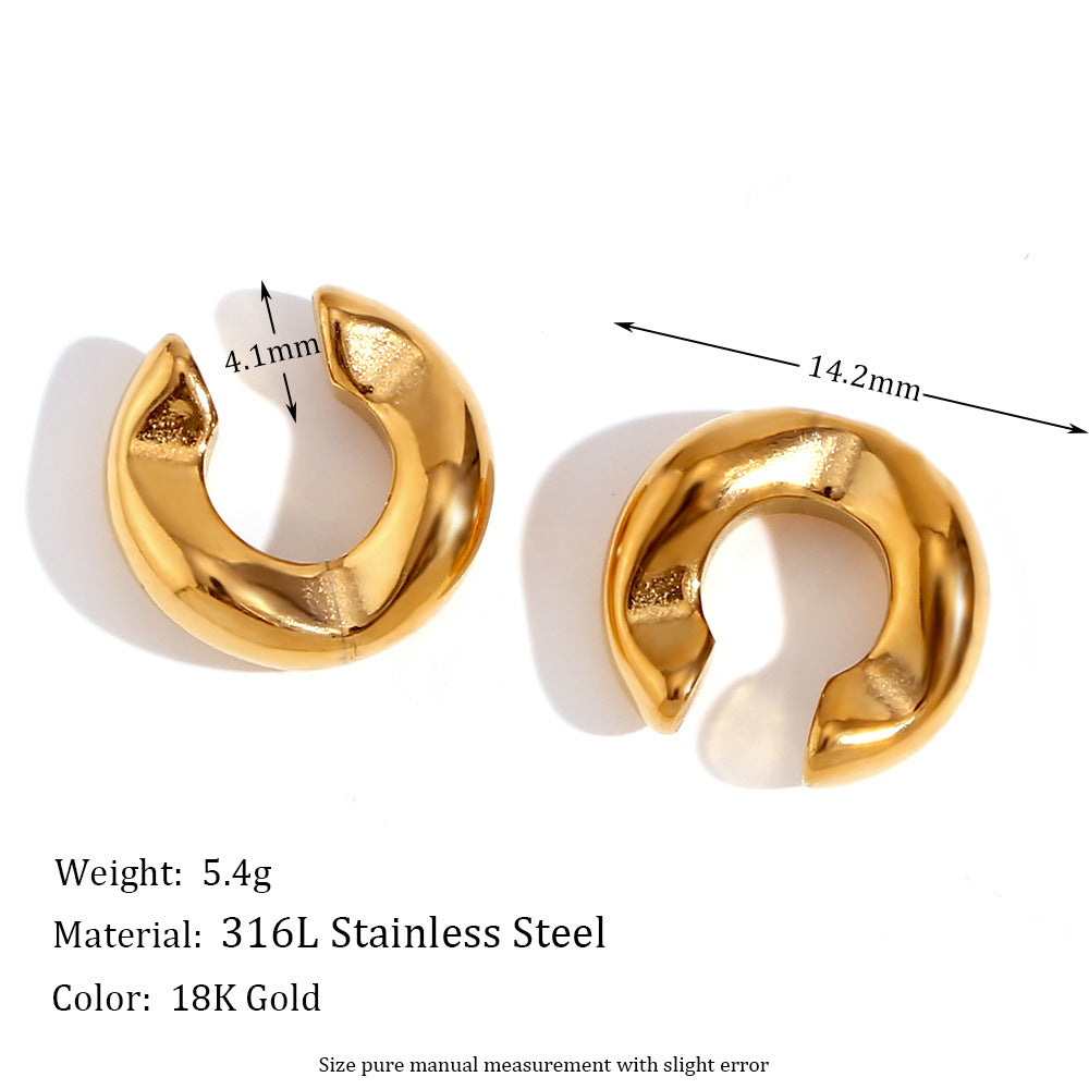 Minimalist Geometric Stainless Steel Ear Clips with 18K Gold Plating Thick C-Shaped Cutout Design for Women