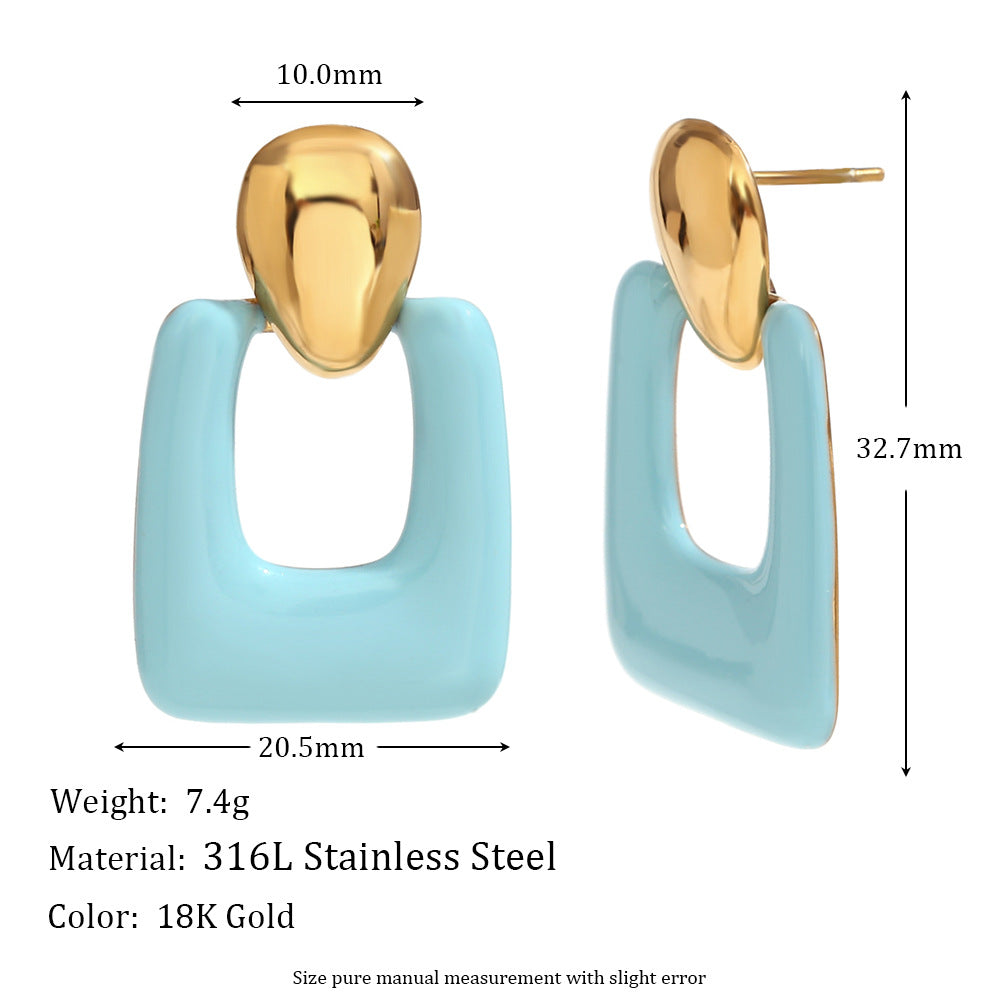 Fashionable Minimalist Geometric Stainless Steel Earrings with 18K Gold Plating and Enamel Coloring