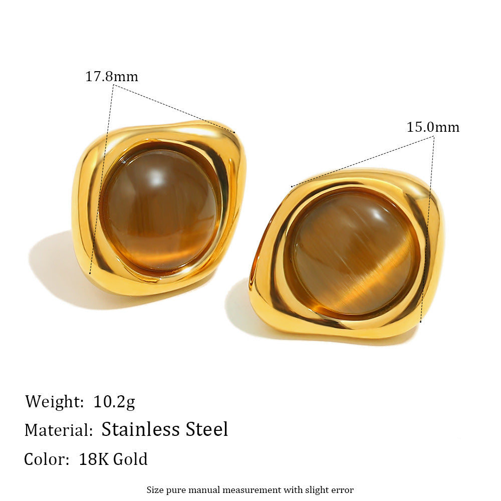 Pendientes de tuerca minimalistas geométricos franceses antiguos de acero inoxidable chapados en oro de 18 quilates con ojo de tigre para mujer