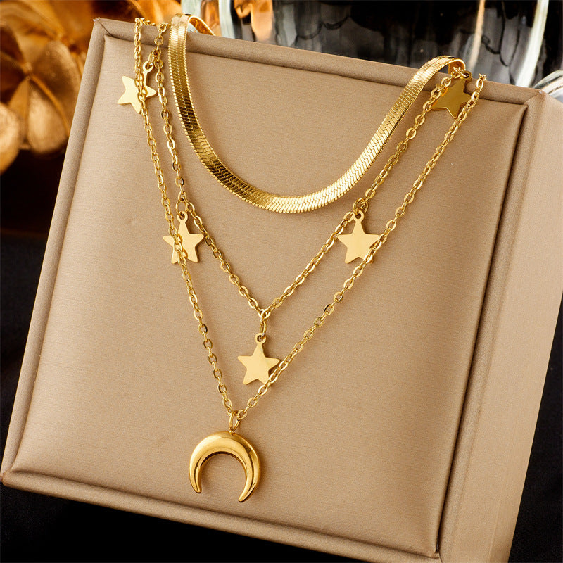 Vintage Luxury Gold Plated Heart Butterfly Round Stainless Steel Necklace with Pearl Multi-Layer