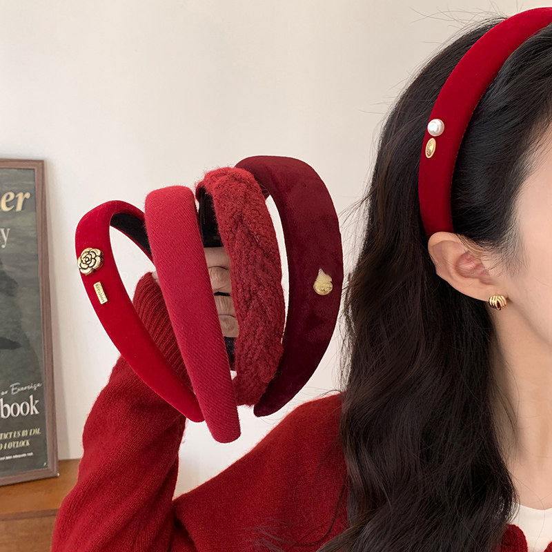 Elegante Cerchietto Francese Vintage in Velluto Rosso da Donna con Design Rotondo Minimalista Chic Copricapo per Acconciature con Corona Alta