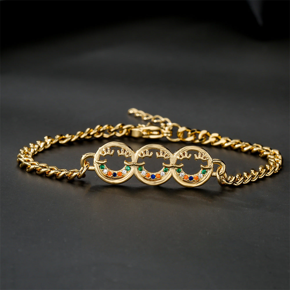 18K Gold Plated Brass Geometric Smiley Face Bracelet with Micro-set Cubic Zirconia for Women