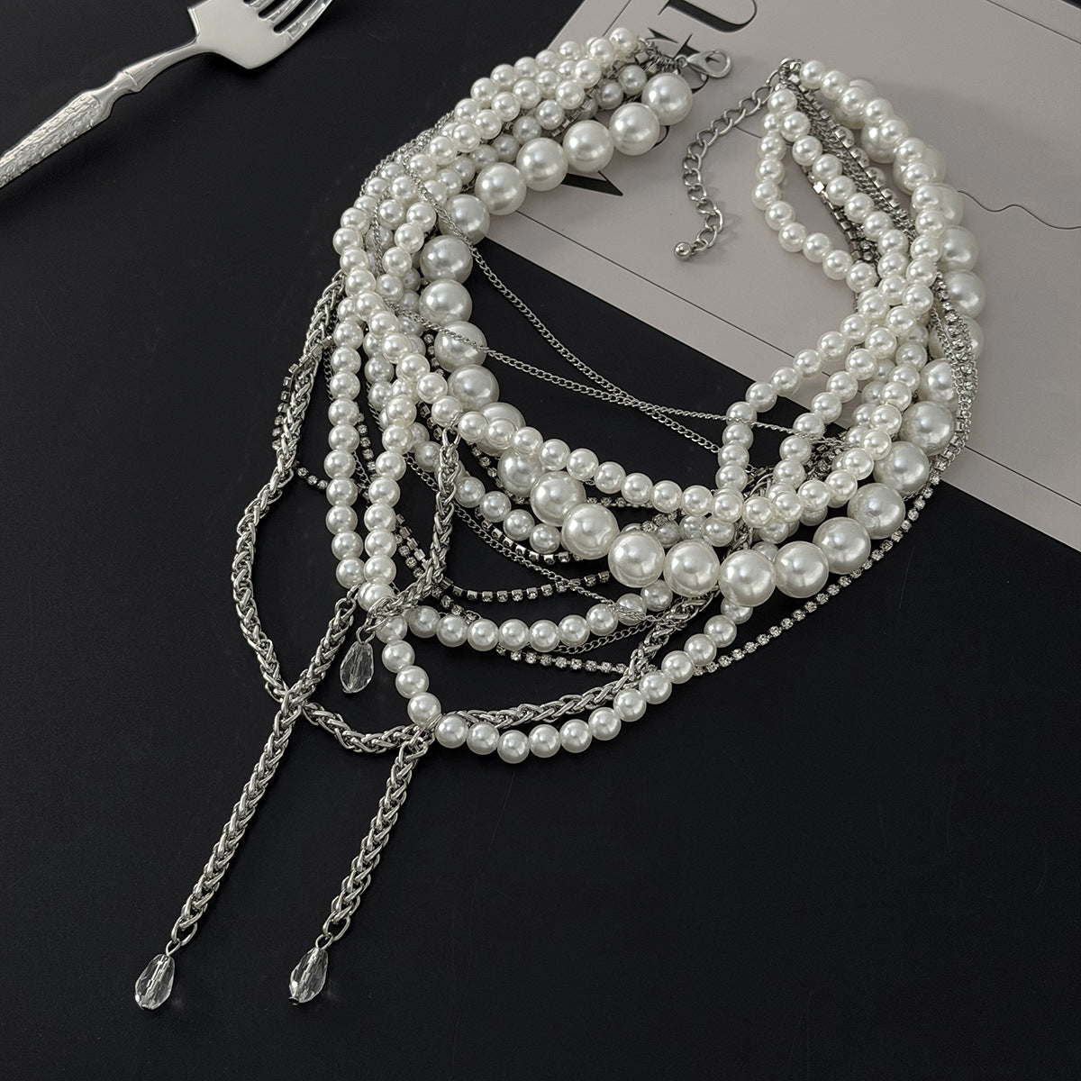 Baroque Geometric Multi-Layer Pearl Choker Necklace with Crystal Tassel Alloy Plated Jewelry for Women