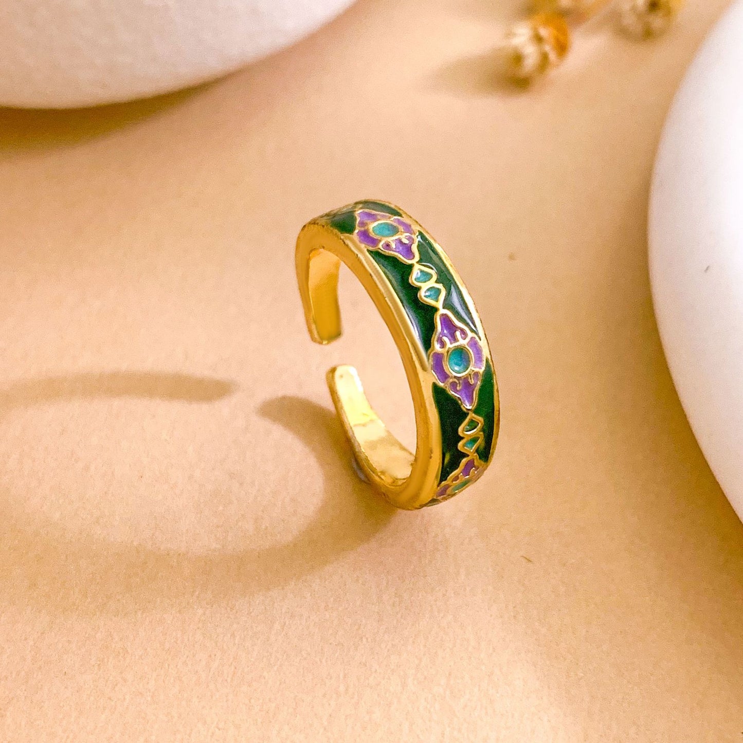 Vintage Sweet Geometric Polka Dot Gold Plated Brass Adjustable Ring for Women