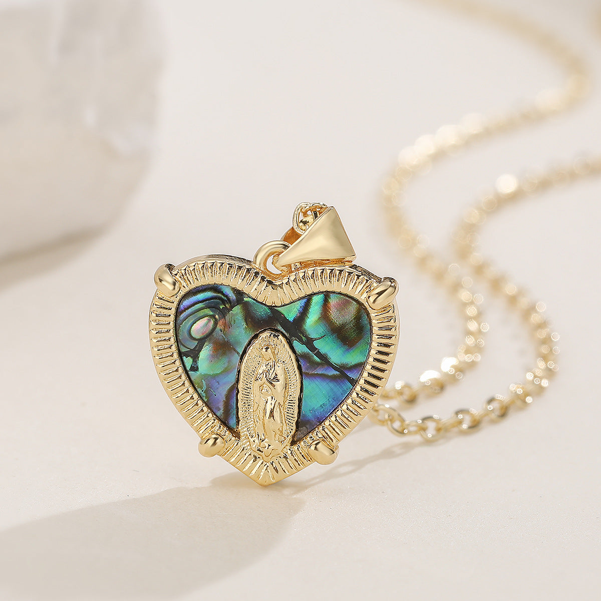 Minimalist Gold Plated Brass Heart Virgin Mary Pendant Necklace for Women