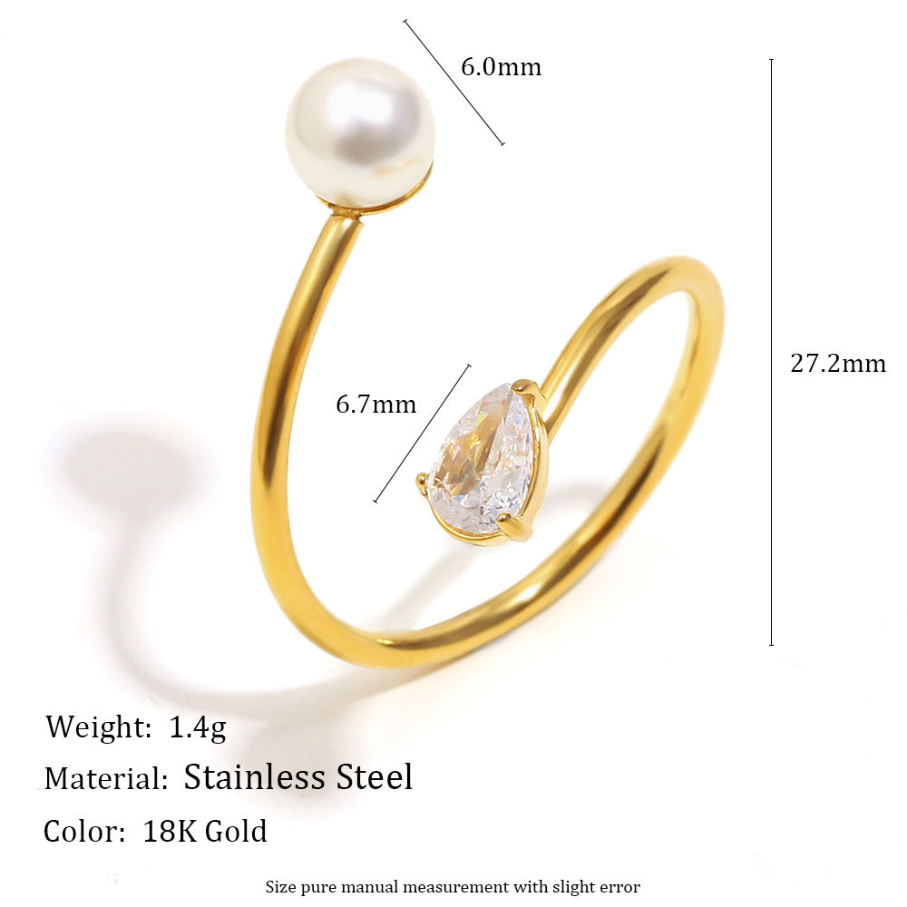 Minimalist Asymmetrical Snake Ring for Women in Stainless Steel with 18K Gold Plating Featuring Simulated Pearl and Zirconia Accents