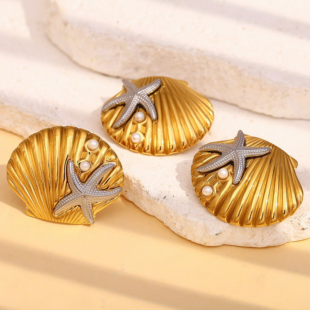 Minimalist Starfish and Scallop Shell Earrings in Stainless Steel with 18K Gold Plating for Women