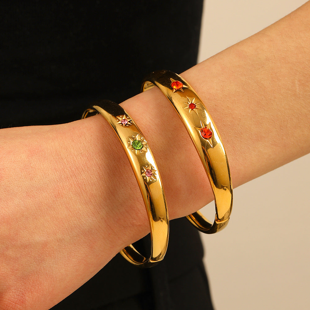 Vintage Style Geometric Stainless Steel Bracelet with 18K Gold Plating and Zircon Inlay for Women