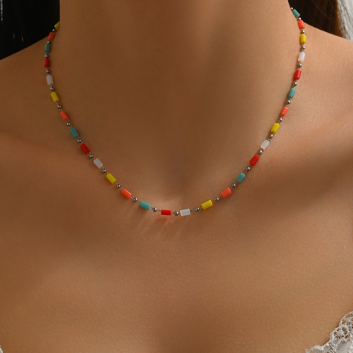 Minimalist Luxury Geometric Round Stainless Steel PVD 18K Gold Plated Colorful Beaded Necklace for Women