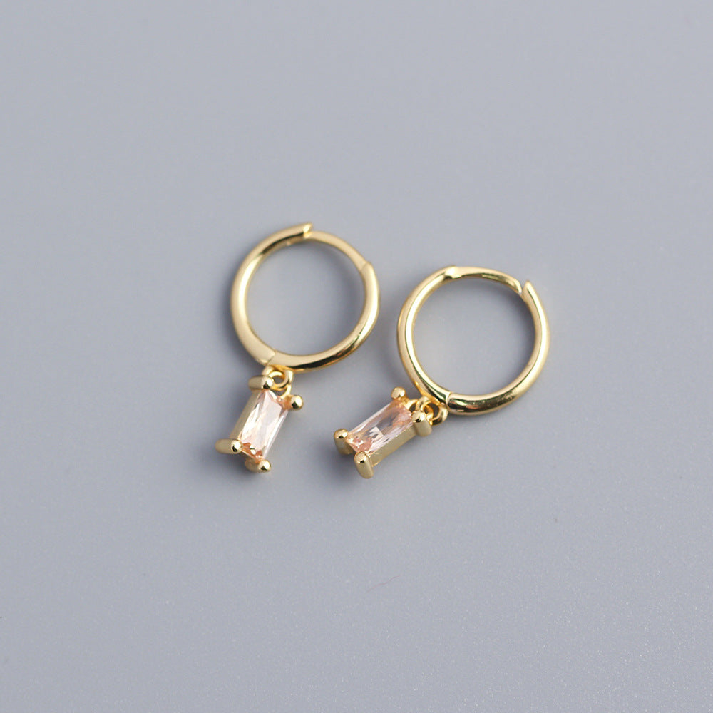Minimalist 925 Sterling Silver Rectangle Geometric Inlaid Cubic Zirconia Hoop Earrings