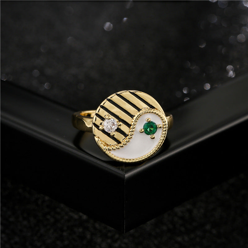 Geometric Drip Oil Brass Ring with Cubic Zirconia Yin Yang Tai Chi Bagua Design for Women