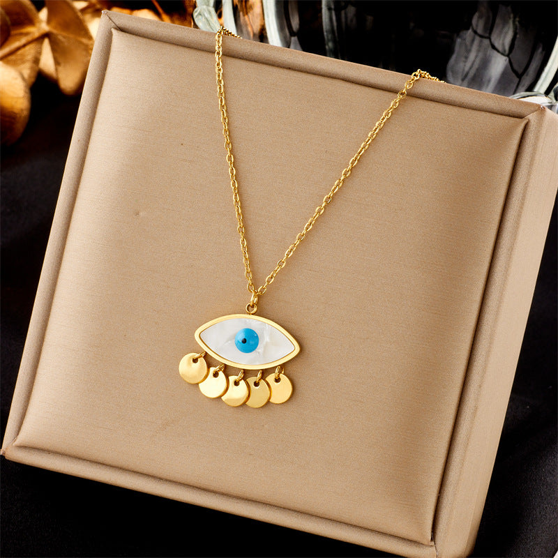 Collana Girocollo Minimalista in Acciaio Inossidabile con Ciondolo Rotondo a Perla e Charm a Forma di Occhio