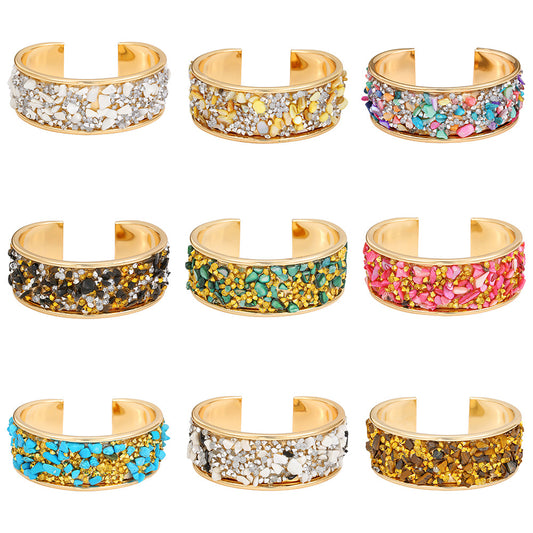 Exaggerated Geometric Round Rhinestone Inlay Plated Alloy Open Cuff Bracelet