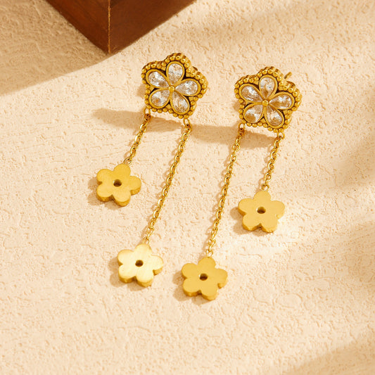 Minimalist Gold Plated Stainless Steel Floral Rhinestone Tassel Drop Earrings for Women