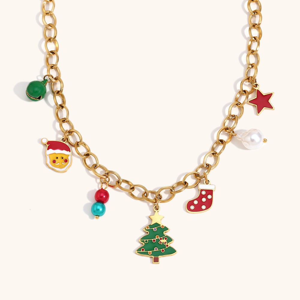 Collar con colgante de campana navideña de moda para mujer, acero inoxidable con baño de oro de 18 quilates, diseño de Papá Noel y árbol de Navidad de dibujos animados
