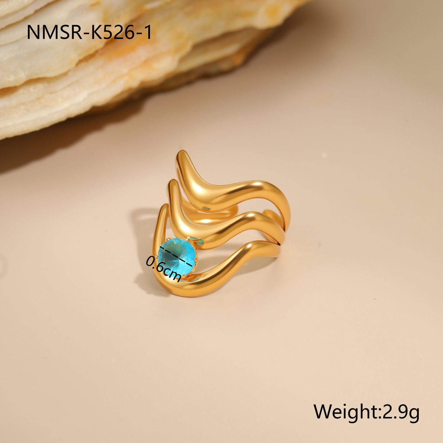 Anillo minimalista de acero inoxidable hueco geométrico con incrustaciones de circonita azul y baño de oro de 18 quilates para mujer