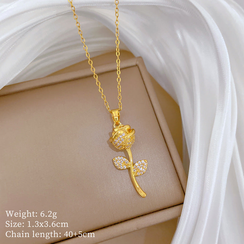 Sweet Cartoon Animal Micro-Inlaid Cubic Zirconia Brass Pendant Titanium Steel Necklace for Unisex