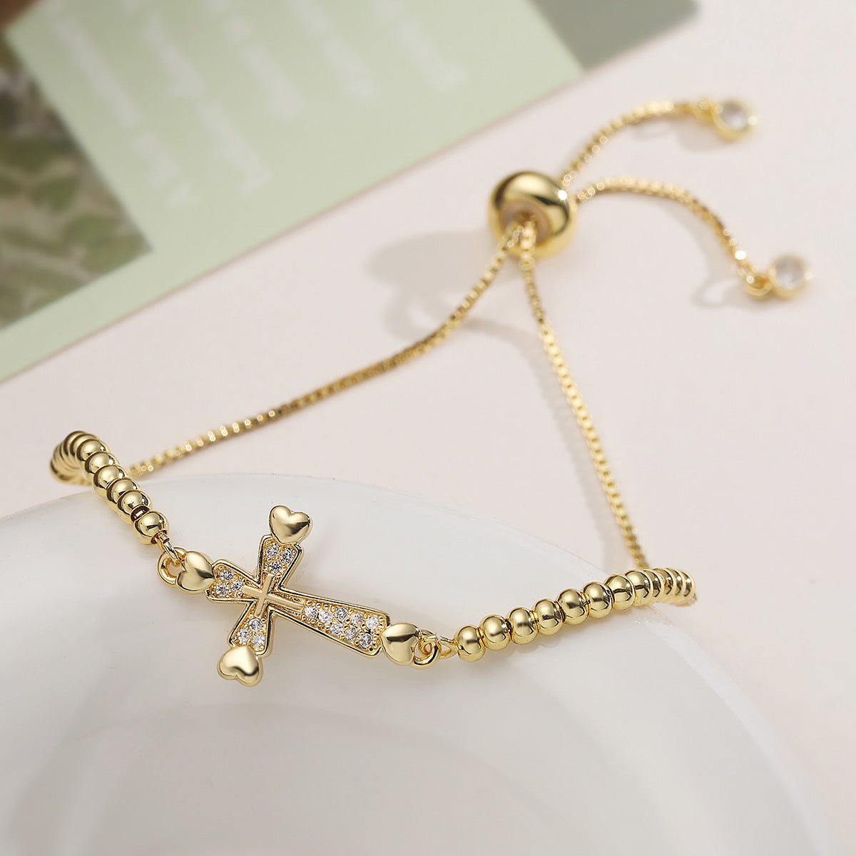 Minimalist Elegant 18K Gold Plated Brass Cross Bracelet with Cubic Zirconia Inlay for Women