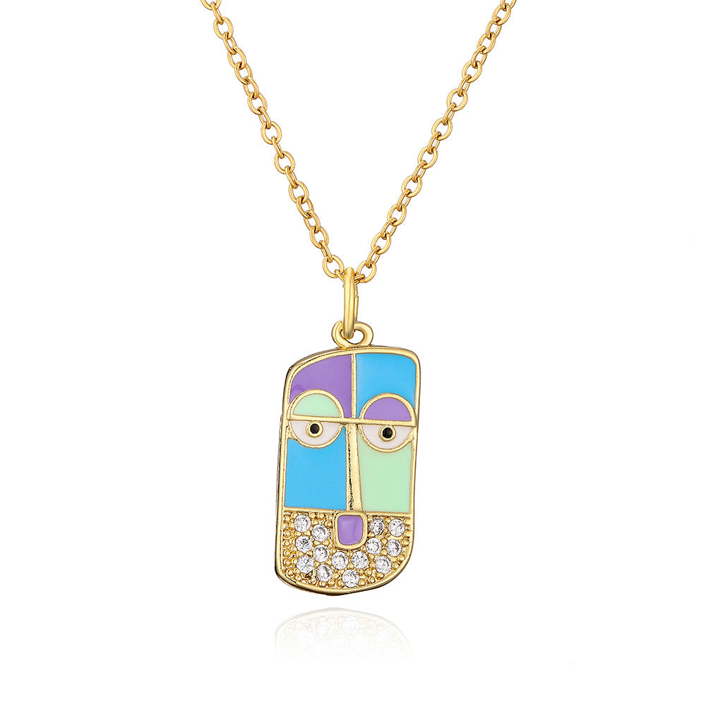 Collana con ciondolo in rame geometrico creativo placcato oro con intarsio di strass e design a ritratto smaltato per donna