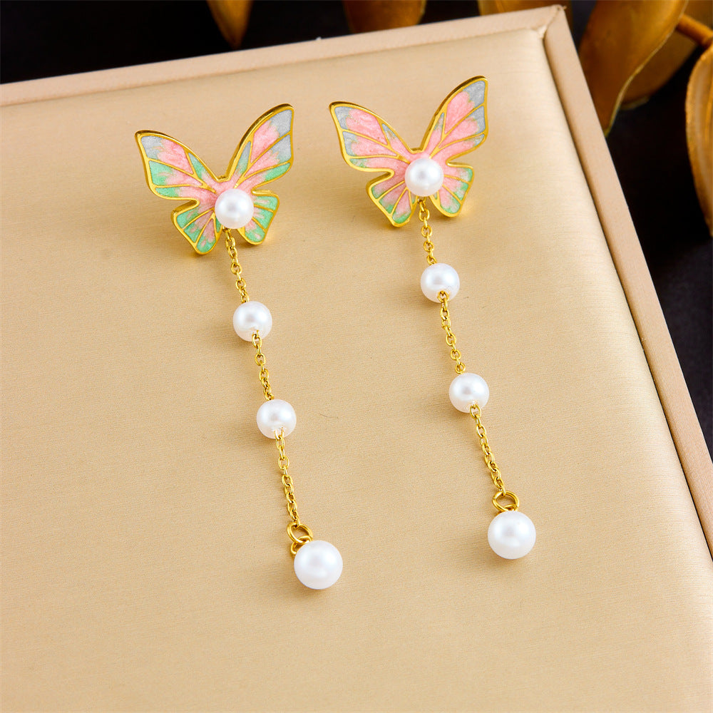 Sweet and Cute Butterfly-Shaped Stainless Steel Earrings with Pearl Dangle, Gradient Enamel Finish, and Polished Surface