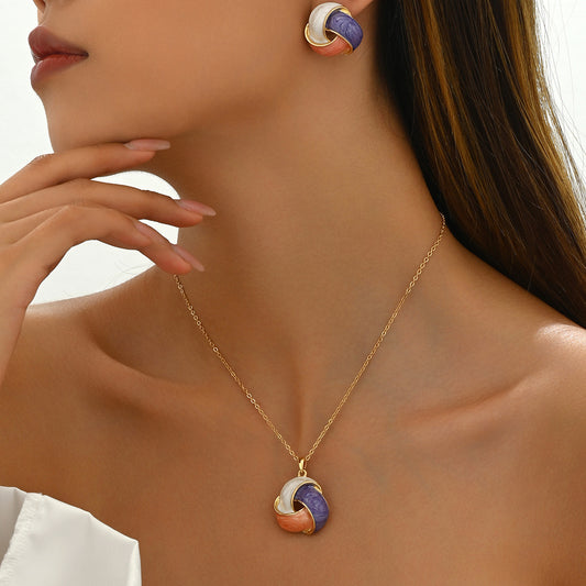 Sweet and Edgy Geometric Copper Earrings and Necklace Set with Enamel Finish for Women