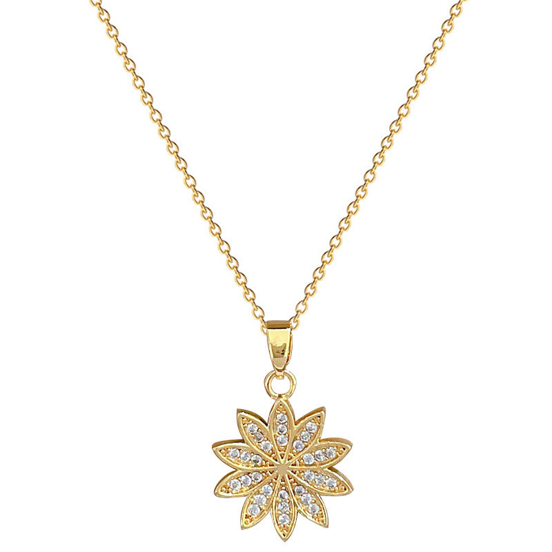 Luxury Full-Rhinestone Daisy Flower Pendant Necklace for Women Titanium Steel Delicate Clavicle Chain with Geometric Design