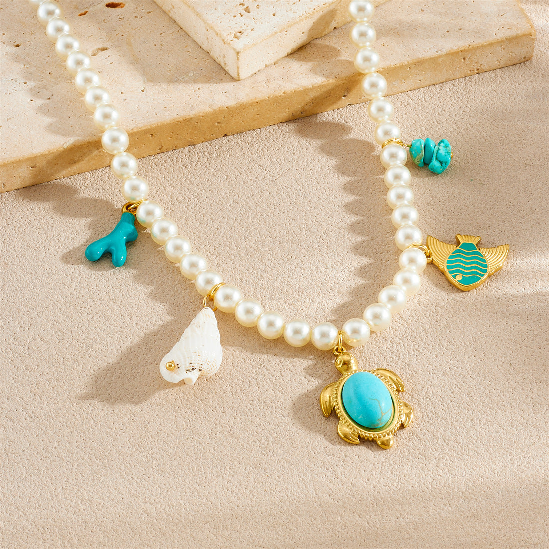 Sweet Gold Plated Drip Oil Animal Fish Turtle Conch Stainless Steel Pearl Turquoise Necklace for Women